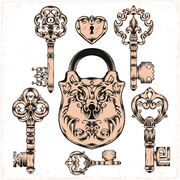 antique keys and lock antique keys and lock, editable vector objects skeleton key tattoo stock illustrations