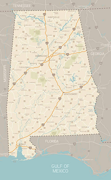 Alabama Map A detailed map of Alabama state with cities, roads, major rivers, and lakes plus National Forests. Includes neighboring states and surrounding water.  alabama stock illustrations