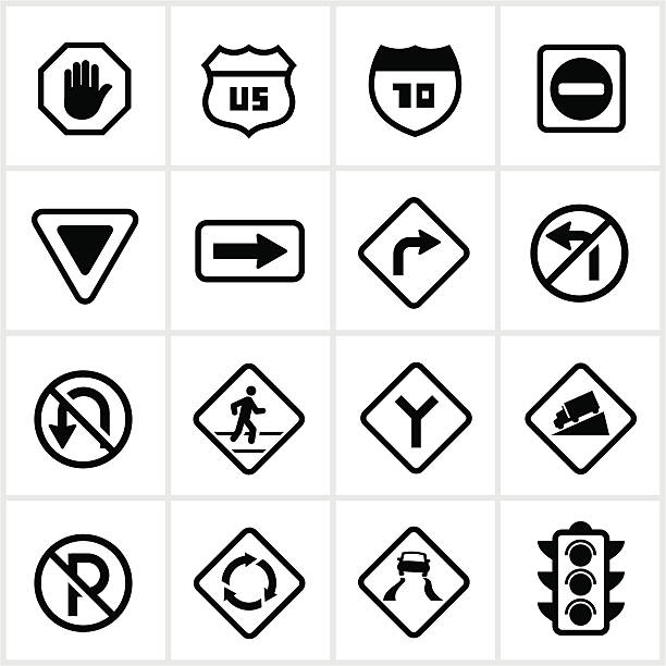 Road and Pedestrian Signs Road signs/symbols. All white strokes and shapes are cut from the icons and merged. road sign ahead stock illustrations