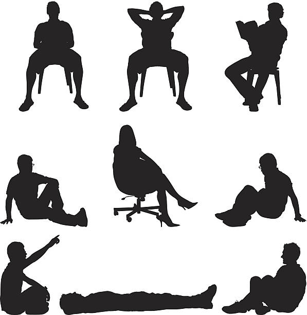 menschen sitzen in liegestühle und auf dem boden - überkreuzte beine stock-grafiken, -clipart, -cartoons und -symbole