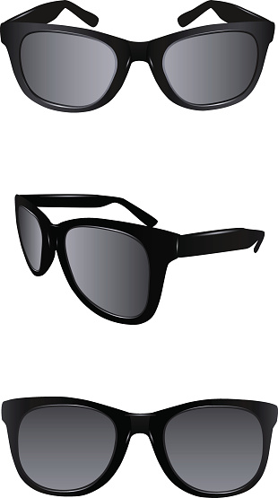 Black sunglasses shown from three different angles.  