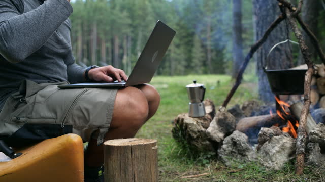 Working remotely on camping in nature.
