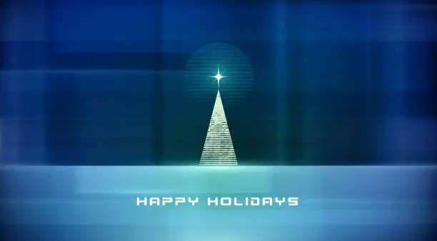 Vector illustration of Retro blue Christmas tree at night postcard illustration