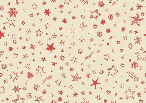 Seamless red and beige Christmas sketchy stars and snowflakes wallpaper done in a fun child-like style vector illustration background