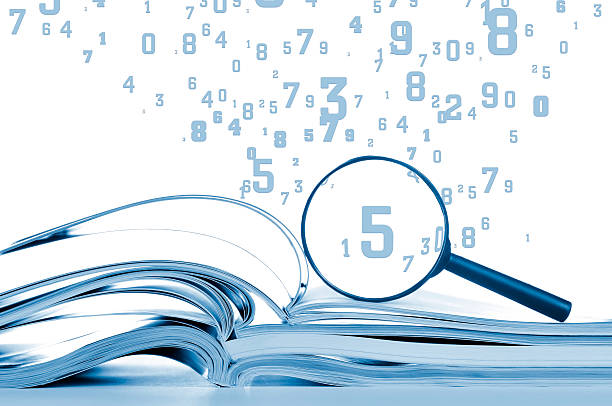 Data searching, opened notebooks with magnifier and flying numbers, isolated