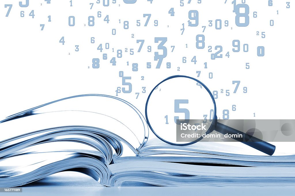 Data searching, opened notebooks with magnifier and flying numbers, isolated Data searching with opened magazines, magnifier and flying scattered numbers, digits. Isolated on white,  studio shot. Number Stock Photo