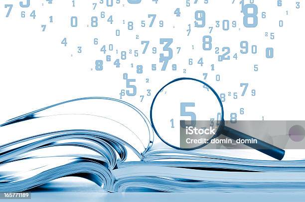Data Searching Opened Notebooks With Magnifier And Flying Numbers Isolated Stock Photo - Download Image Now