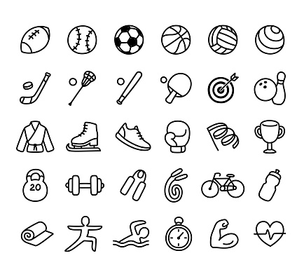 Set of hand drawn sport and fitness line icons. Simple cartoon doodles of ball games, equipment, and other sports related symbols.