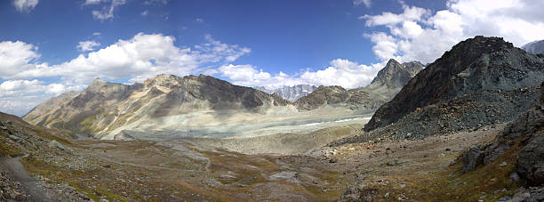 Grand Dixence Dam Lake Panoramic Stitched Panorama of la Cabane des Dix trail, Valais, Switzerland grand dixence stock pictures, royalty-free photos & images