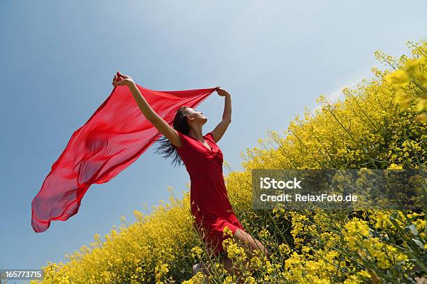 Junge Frau Läuft In Vergewaltigung Holding Roten Schal In Den Wind Stockfoto und mehr Bilder von Feld