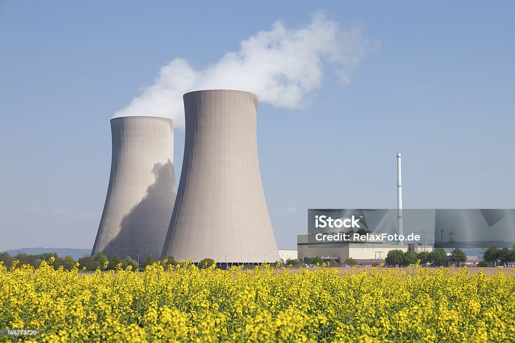 Elektrownia jądrowa z para Chłodnie kominowe i canola pole - Zbiór zdjęć royalty-free (Elektrownia jądrowa)