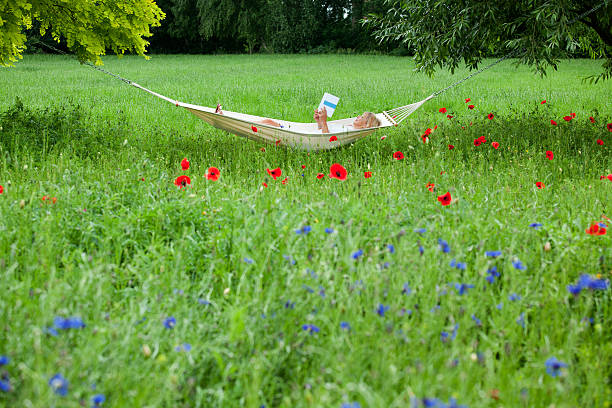 matura donna distesa su un'amaca nel giardino lettura libro - summer vacations women hammock foto e immagini stock