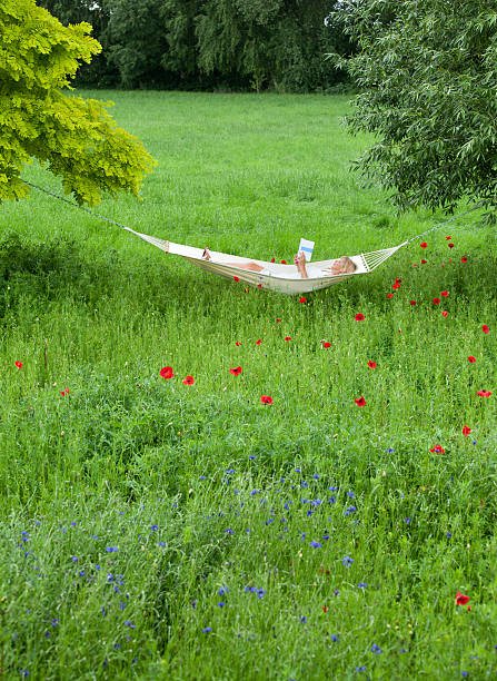 Mature woman lying on hammock in garden reading book.