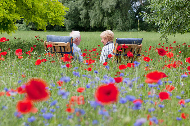 pareja mayor sentado entre poppies en el jardín - poppy flower field red fotografías e imágenes de stock