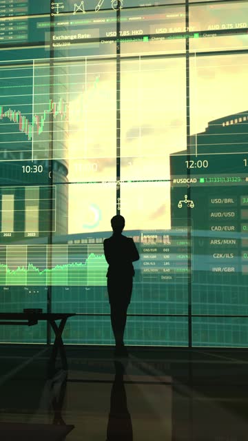 Business woman looking at stock exchange infographics