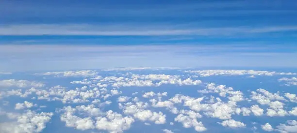 Photo of Aerial shot of blue sky with clouds. view from above air plane window.