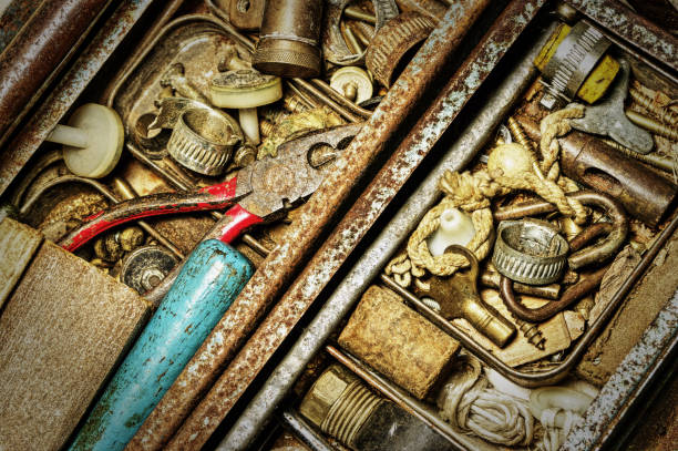 istock Contents Of Old Plumbers Toolbox 165783116