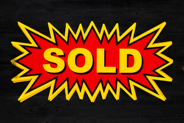 Sold  Real Estate Sign, Red and Yellow Red real estate sign with Sold in yellow on a black background. Real estate concept. for sale sign information sign information symbol stock pictures, royalty-free photos & images