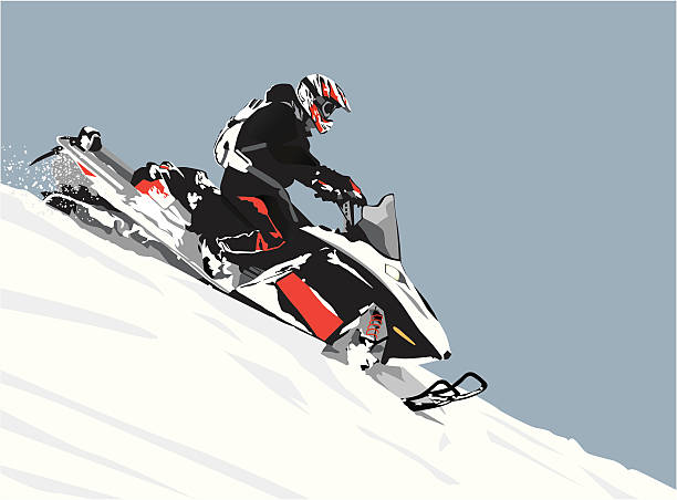 ilustrações, clipart, desenhos animados e ícones de detalhada ilustração de um snowmobiler passeio downhill nas montanhas. - snowmobiling