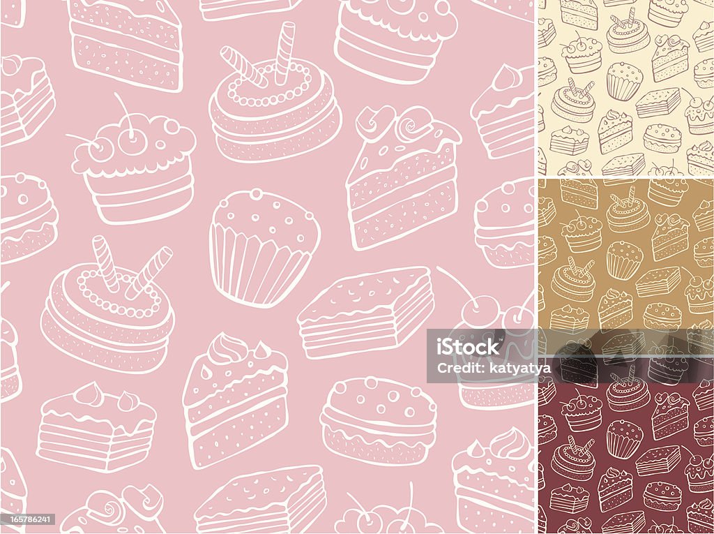 Desert pattern with backgrounds in cream, tan, red and pink Outline vector seamless pattern of sweets Cake stock vector