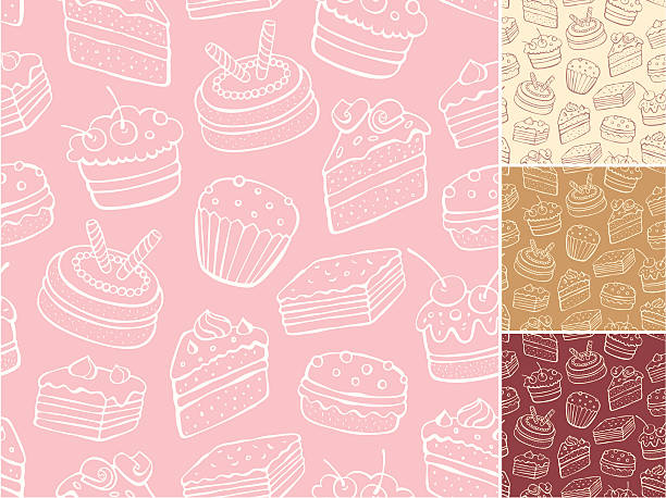 Desert pattern with backgrounds in cream, tan, red and pink Outline vector seamless pattern of sweets dessert stock illustrations