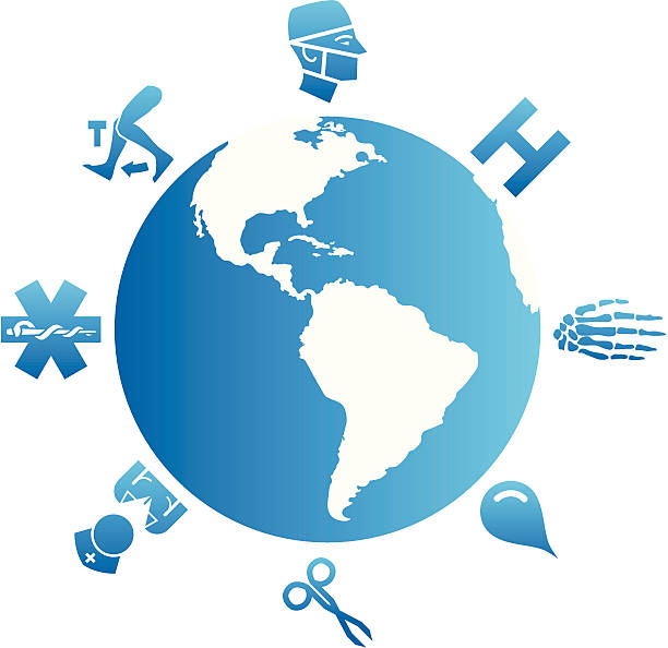 Global Health Care & Medicine A conceptual global health care & medicine illustration, in blue.  cartoon of caduceus medical symbol stock illustrations