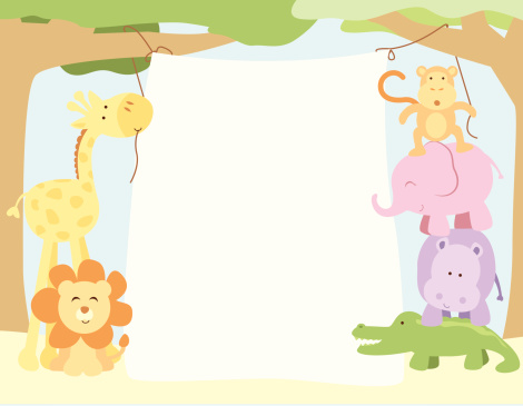 A vector illustration of cute safari animals hanging a banner. Objects are grouped and layered for easy editing. Files included: AICS5, EPS8 and Large High Res JPG.