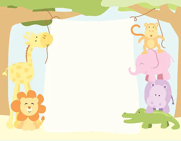 Vector illustration of Cute Safari Animals Hanging a Banner