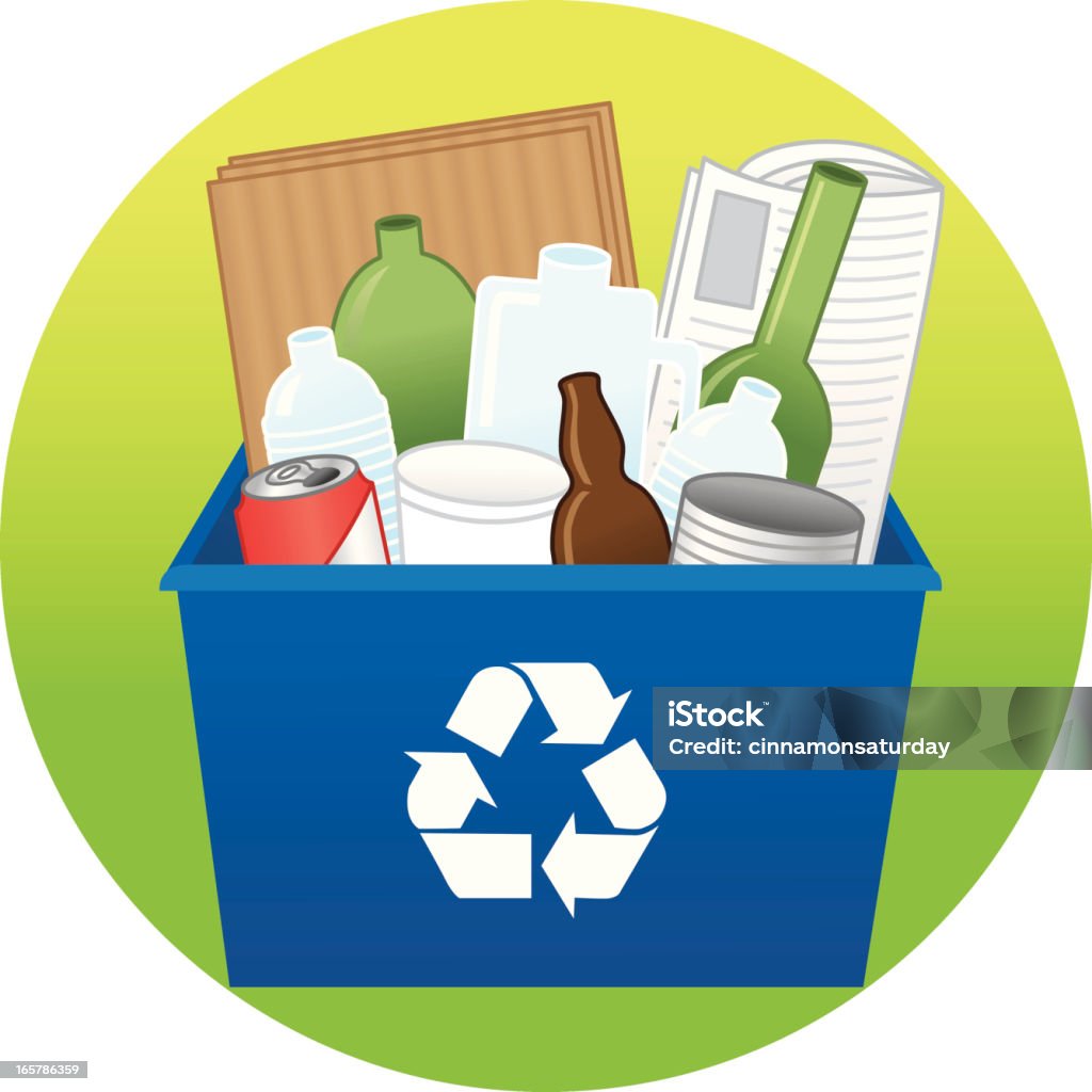 Blue poubelle de recyclage avec bouteilles et de papier - clipart vectoriel de Bouteille libre de droits