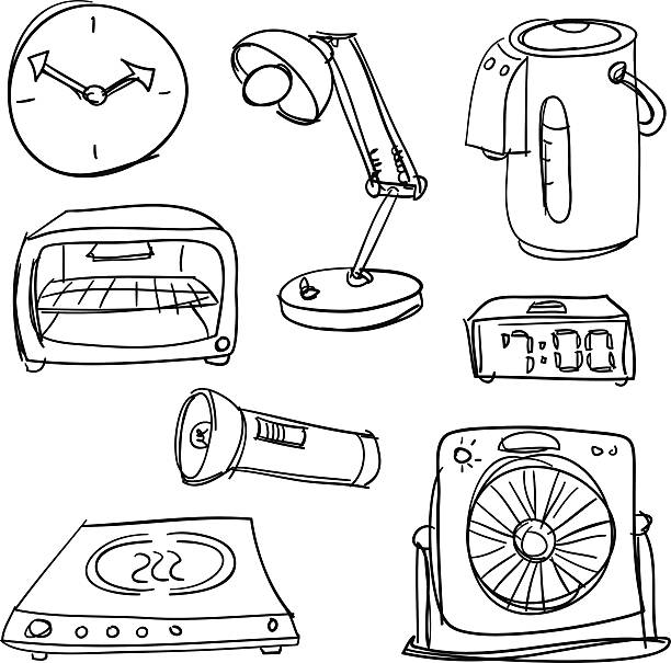 Home appliances in black and white Sketch Drawing of Home appliances in black and white oven dials stock illustrations