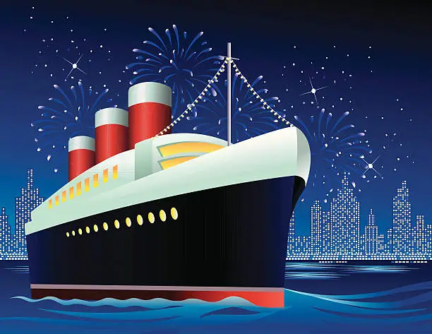 Vector illustration of Ocean liner in harbor