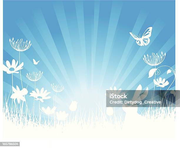 Ilustración de Primaveraverano Escena En Cielo Azul y más Vectores Libres de Derechos de Papel cortado - Papel cortado, Estación - Entorno y ambiente, Primavera - Estación