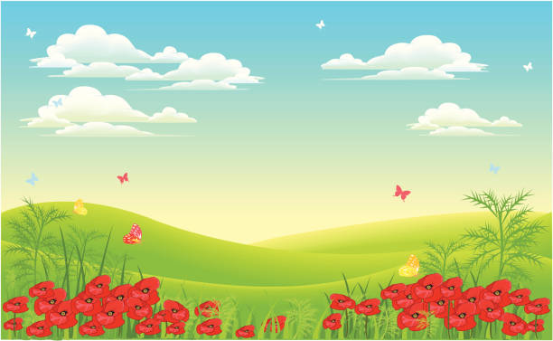 ilustraciones, imágenes clip art, dibujos animados e iconos de stock de paisaje - spring grass cloud butterfly