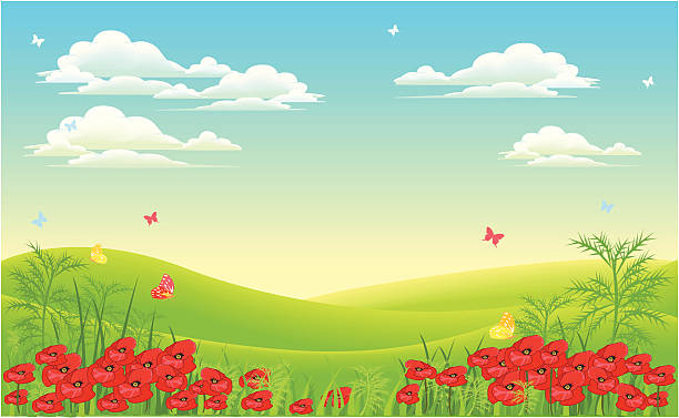 illustrations, cliparts, dessins animés et icônes de paysage - spring grass cloud butterfly