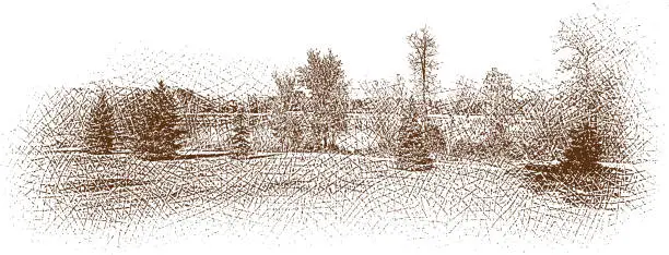 Vector illustration of Lake and Trees Landscape Etching