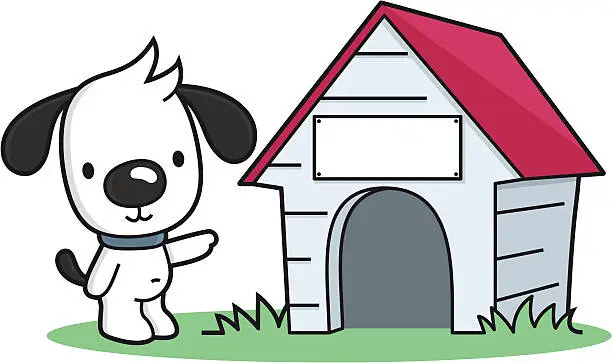 Vector illustration of cartoon dog points to a pet house with blank sign