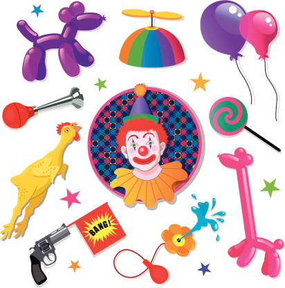 A vector illustration of a clown named Lucky and his clowning accessories.