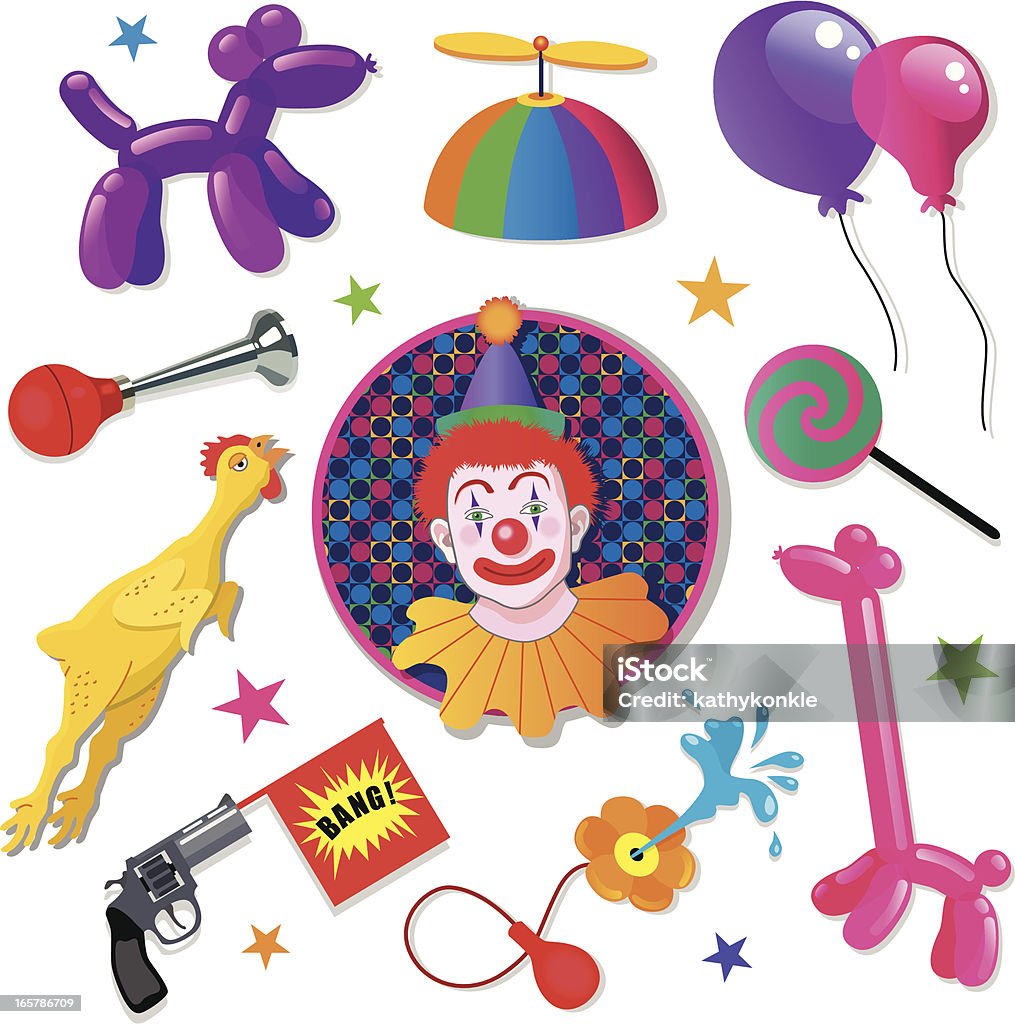 Lucky the clown A vector illustration of a clown named Lucky and his clowning accessories. Clown stock vector