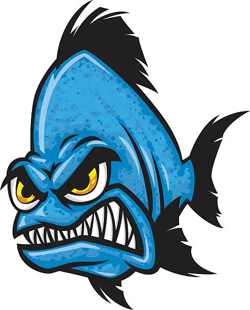 Vector illustration of Blue angry cartoon fish with yellow eyes gritting teeth