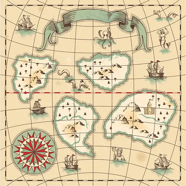 Vector illustration of Hand-drawn antique ocean map.