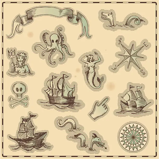 Vector illustration of Hand-drawn antique ocean navigation  icons