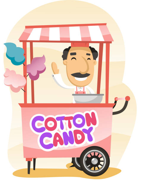 illustrazioni stock, clip art, cartoni animati e icone di tendenza di zucchero filato trolley street shopping - school carnival food cotton candy