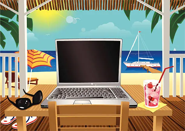 Vector illustration of Computing in holiday beach hut by the sea