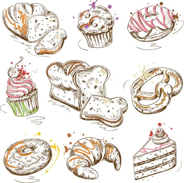 Vector illustration of Baked Goods Drawings Set