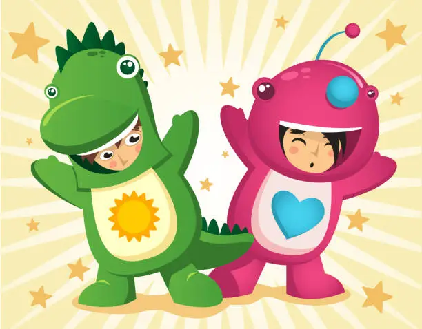 Vector illustration of Children dressed up with dinosaur garment mascot