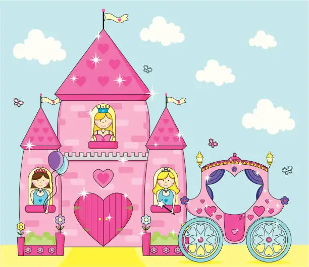 Vector illustration of Fairytale Pink Sparkly Palace and Carriage with Cute Princesses.