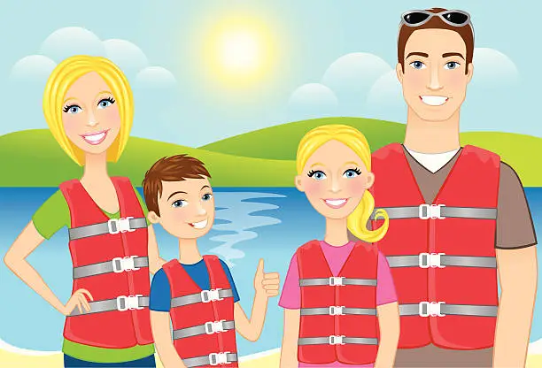 Vector illustration of Family wearing lifejackets
