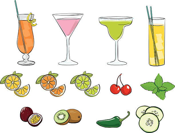 Cocktails "Cocktails in different glasses, with garnishes." margarita illustrations stock illustrations