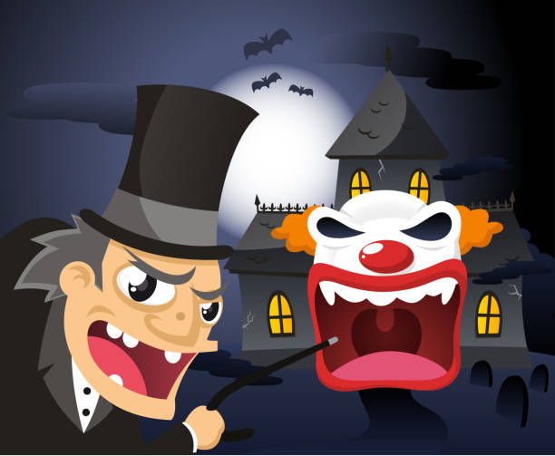 Spook terror house clown presenter bats Spook house with hunchback. scary clown mouth stock illustrations