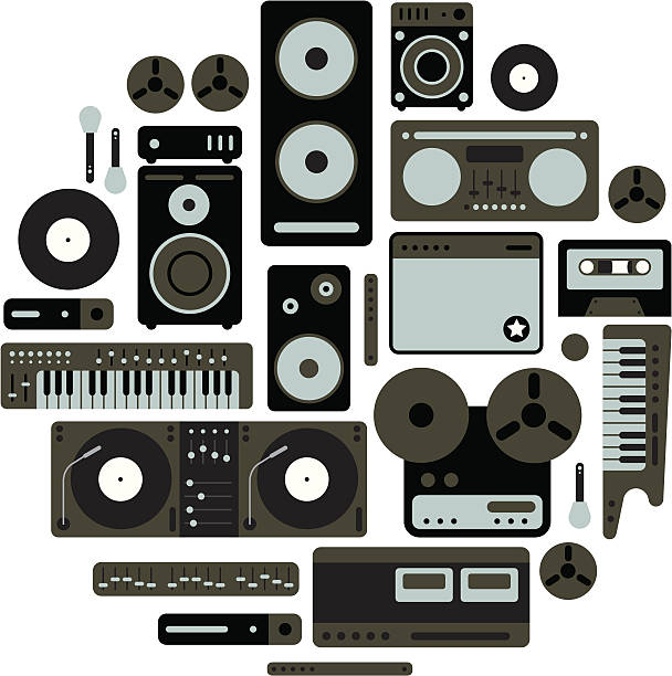 Music equipments Composition with music equipments. ZIP includes large JPG (CMYK), PNG with transparent background. synthesizer stock illustrations